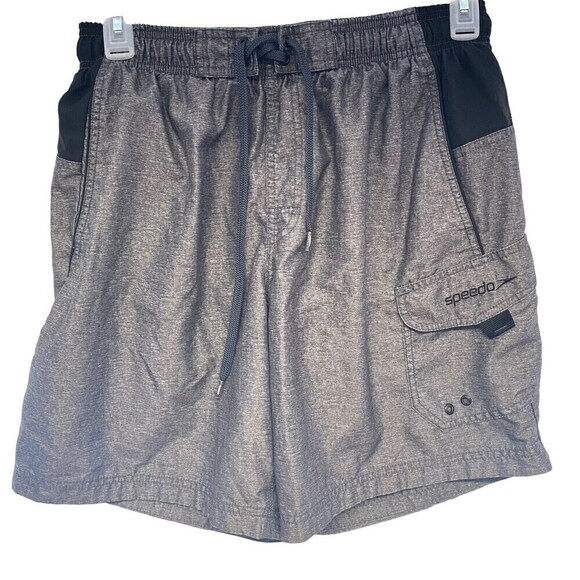 Speedo Board Shorts Men Medium Gray Swim Surf Cargo Pockets Drawstring Lined - Picture 1 of 11